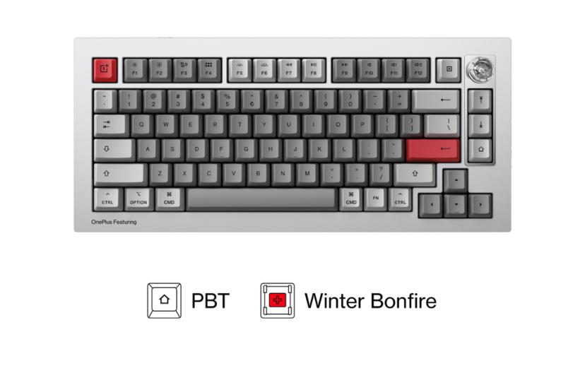 کیبورد OnePlus Featuring Keyboard 81 Pro از نمای بالا به رنگ طوسی، سفید و قرمز