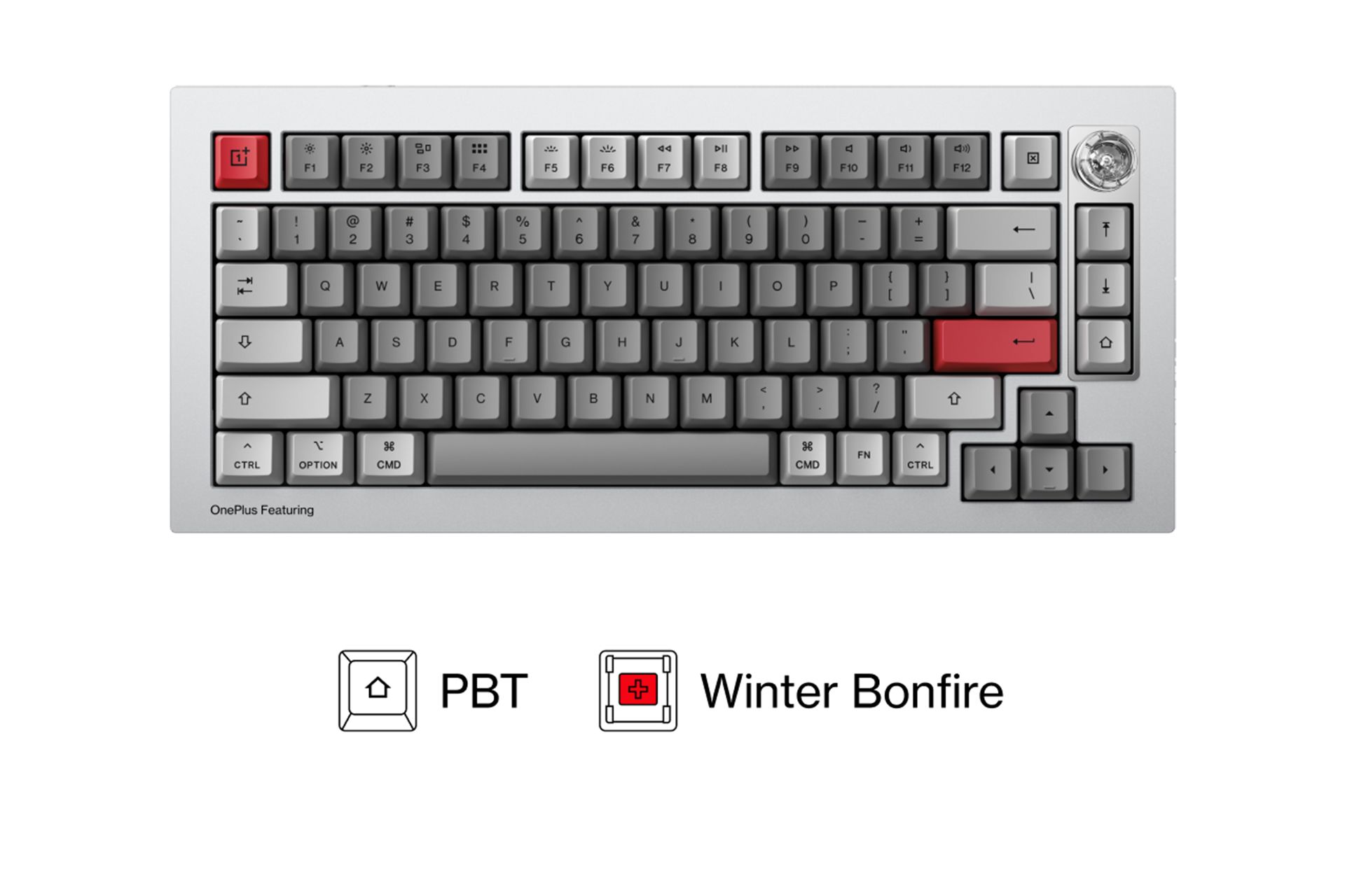 کیبورد OnePlus Featuring Keyboard 81 Pro از نمای بالا به رنگ طوسی، سفید و قرمز