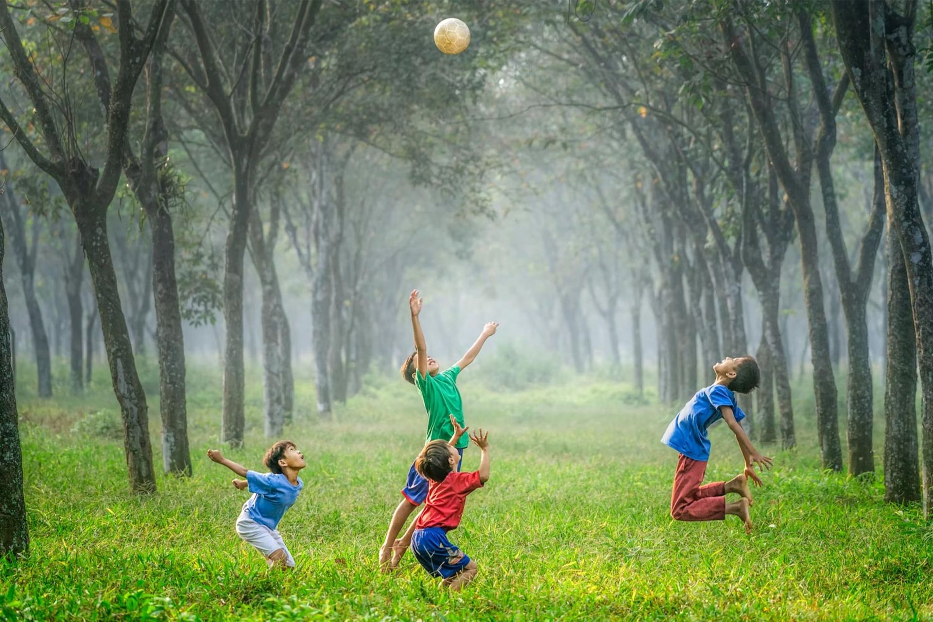 چهار پسر در حال توپ بازی در چمن سبز