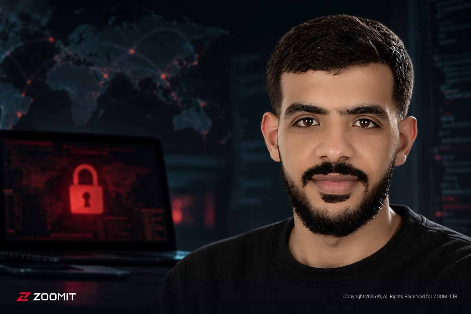 چهره نوجوان رهبر گروه هکری کیل‌سک در مقابل لپ‌تاپ و نقشه دیجیتال