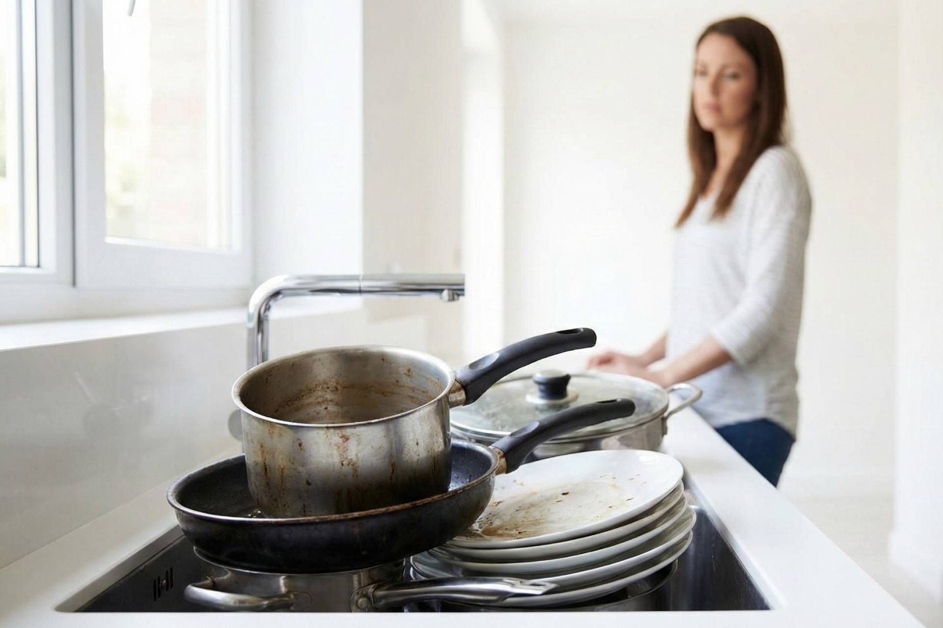 تصویرسازی سینک آشپزخانه که پر از ظرف‌های کثیف است، در پس‌زمینه تار، زنی به سینکی پر از ظرف نگاه می‌کند.