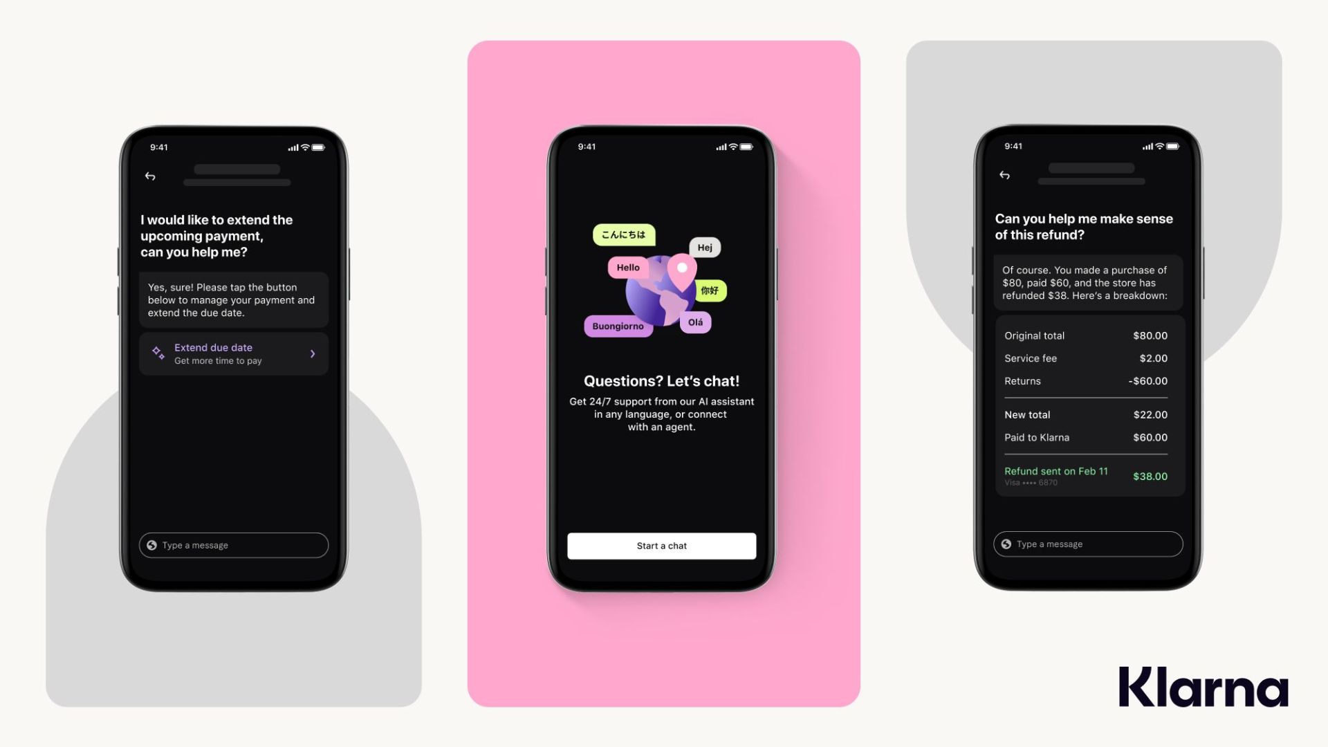 اسکرین شات های اپلیکیشن موبایلی کلارنا که دستیار هوش مصنوعی آن را نشان می دهد