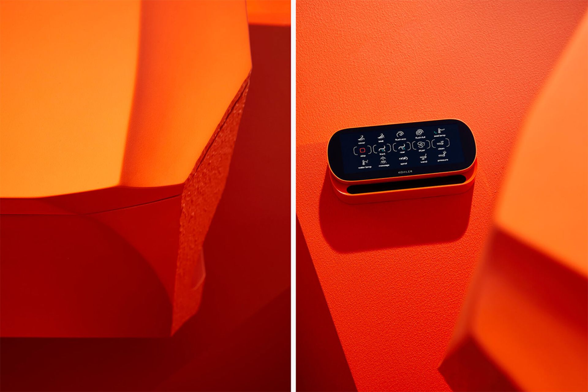 نمای سه رخ توالت به رنگ نارنجی و کنترل 