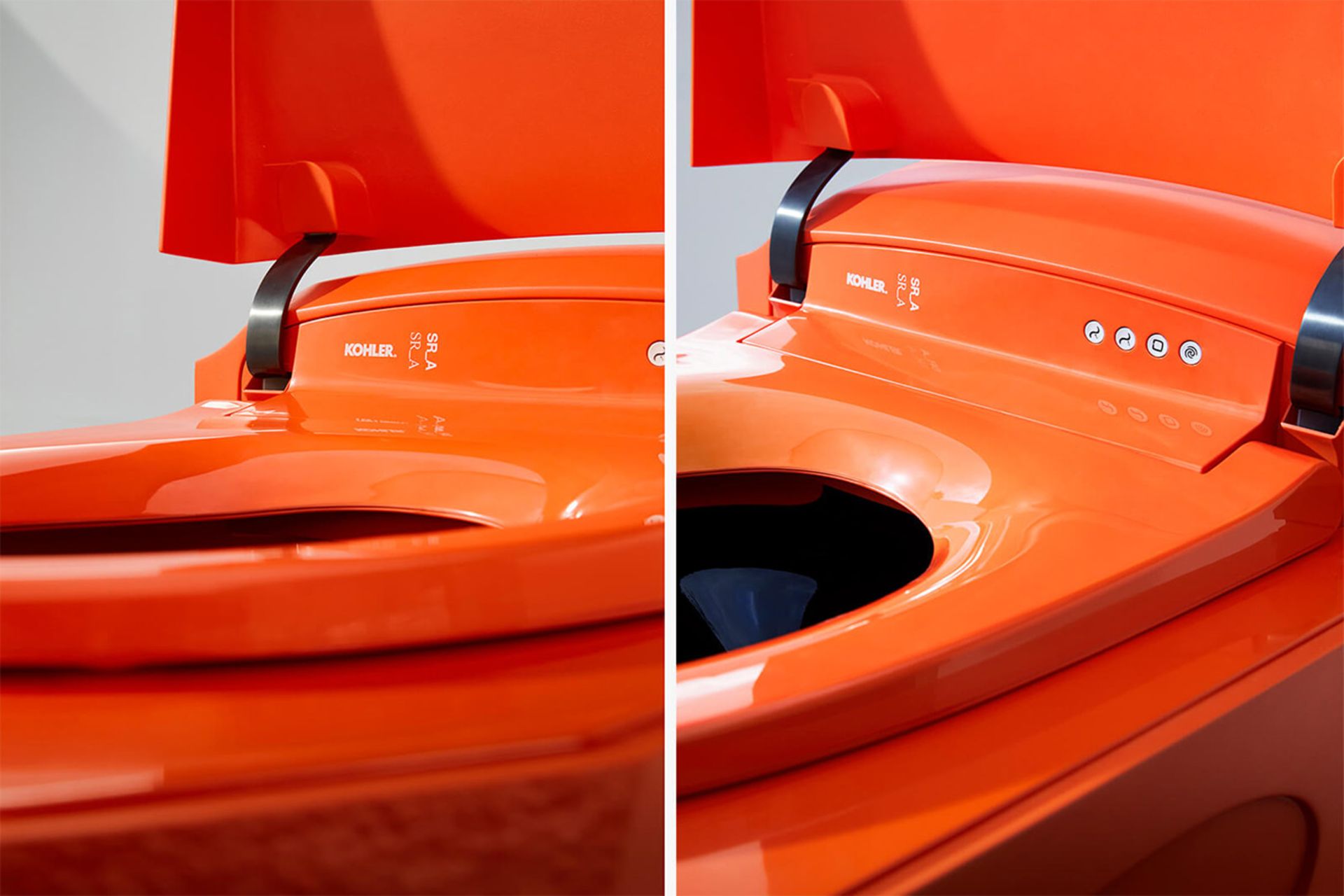 نمای داخلی توالت به رنگ نارنجی و با در باز