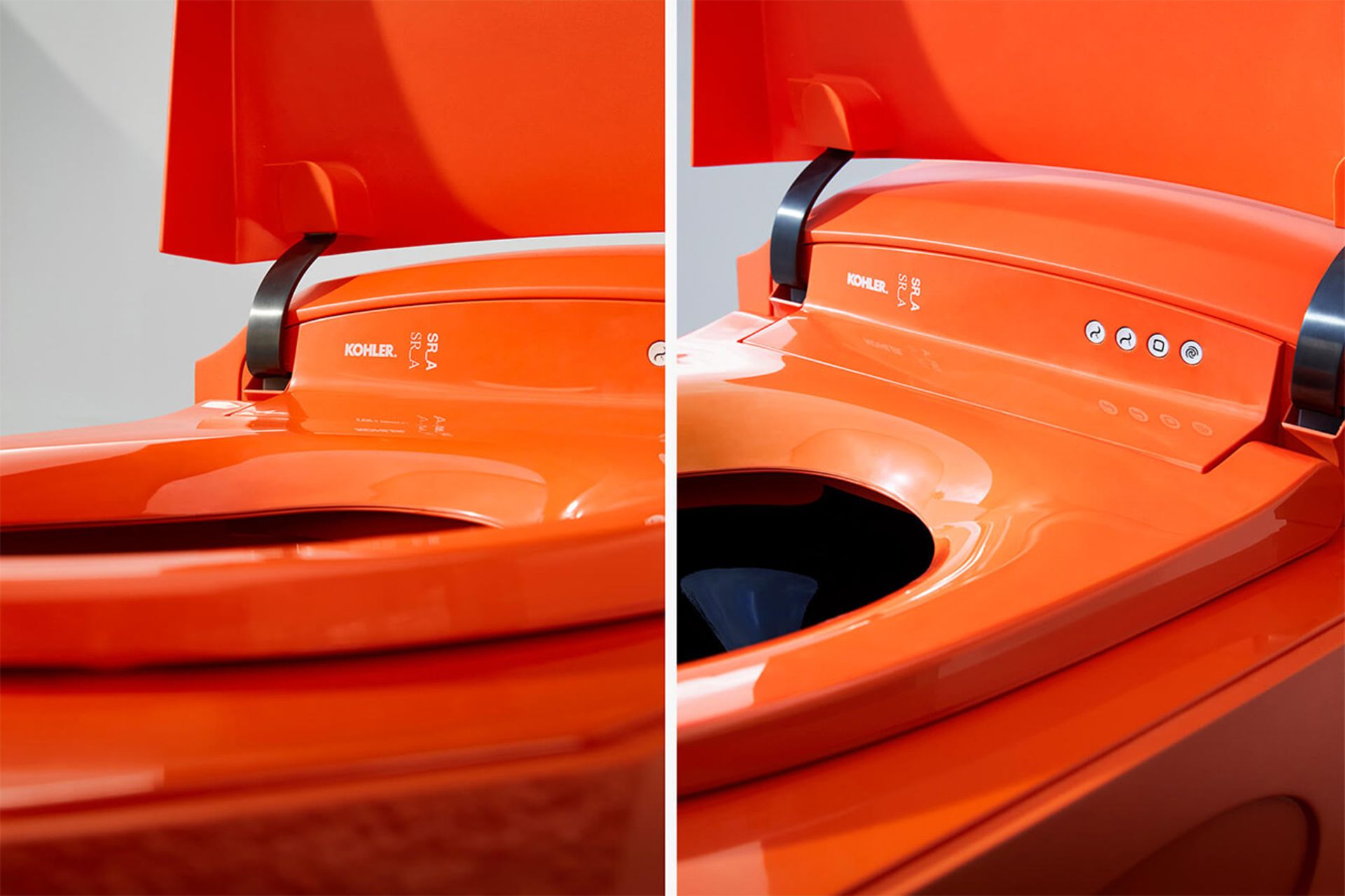 نمای داخلی توالت به رنگ نارنجی و با در باز