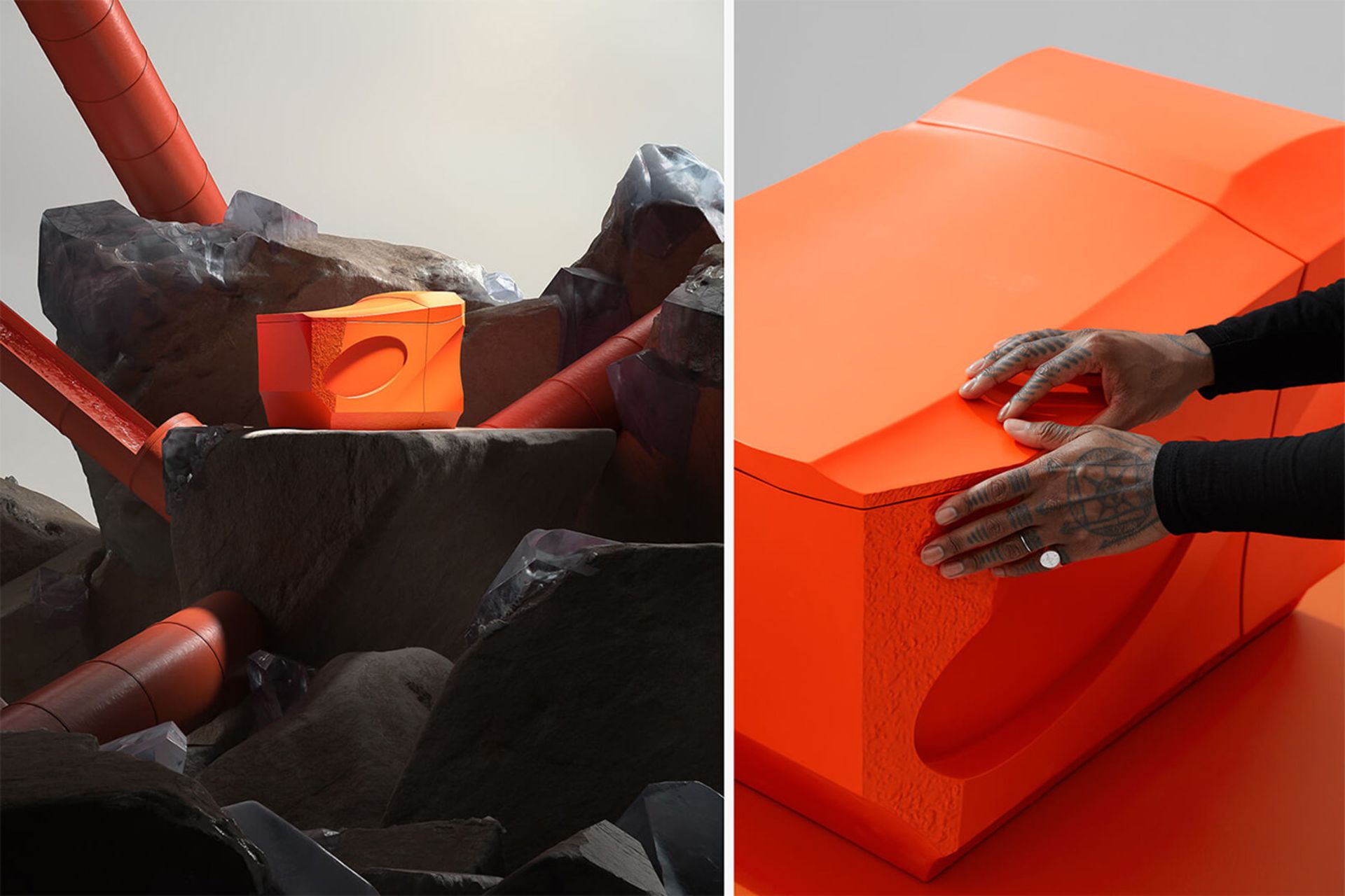 نمای سه رخ توالت به رنگ نارنجی روی چند تکه سنگ سیاه