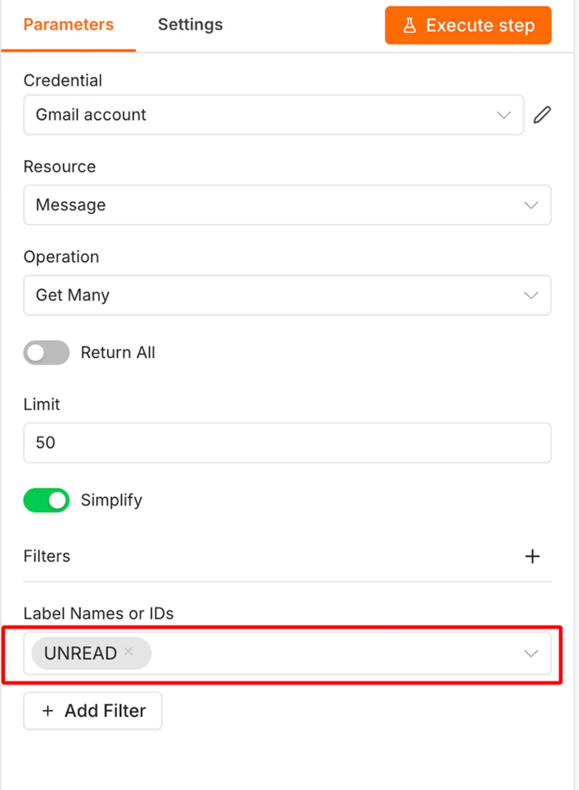 افزودن فیلتر به نود جیمیل در n8n