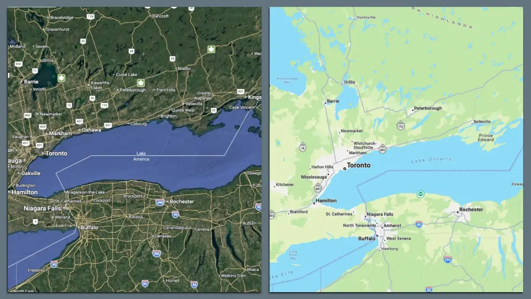نقشه گوگل مپس (Google Maps) با نام جدید دریاچه آمریکا (Lake America)