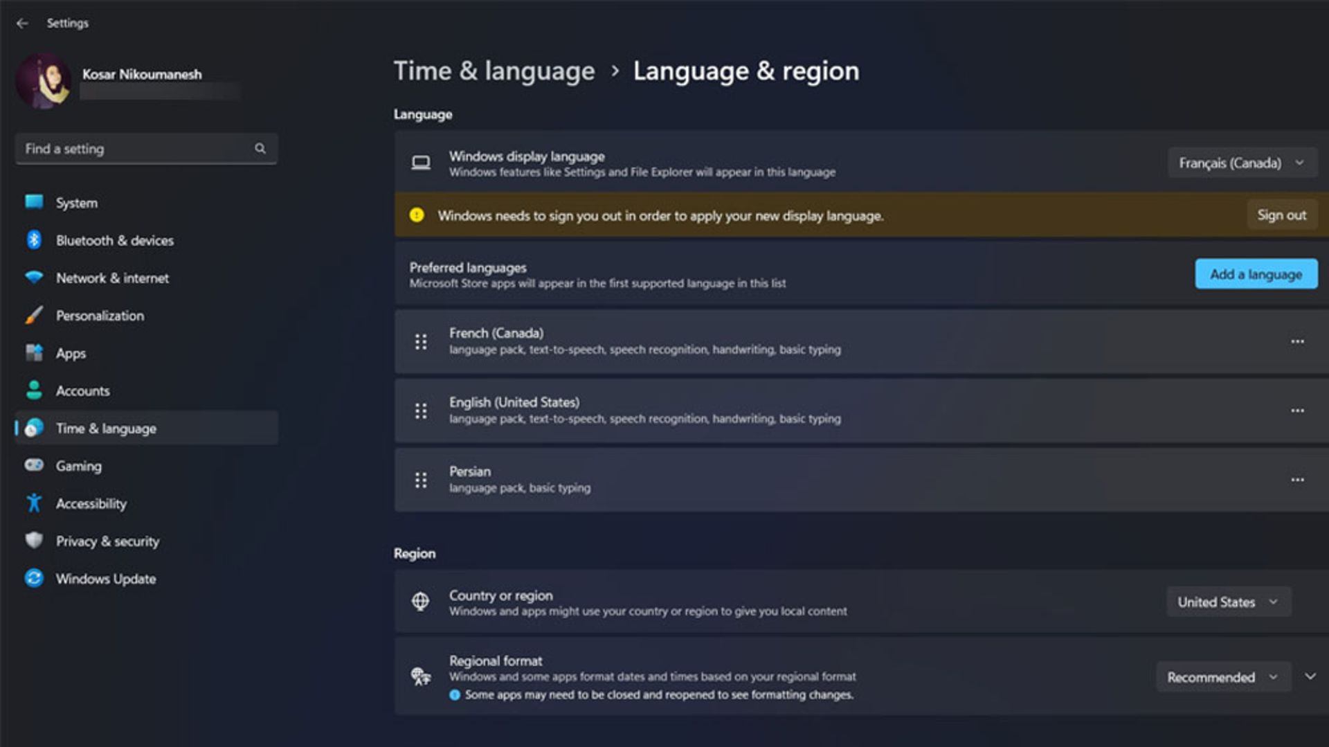 اعلان تغییر زبان در Language & region