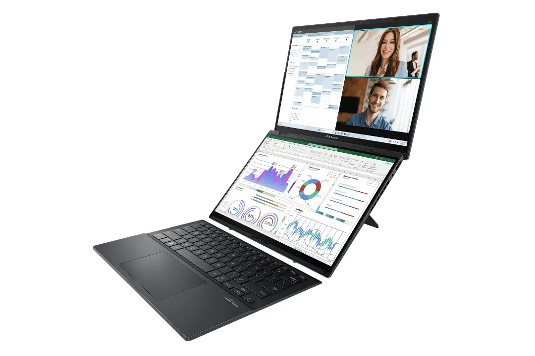 لپ تاپ ایسوس ASUS Zenbook DUO UX8406 نمای راست دو نمایشگر با کیبورد جدا شده