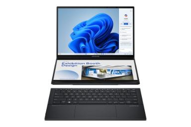 لپ تاپ ایسوس ASUS Zenbook DUO UX8406MA نمای جلو با نمایشگر دوم و کیبورد