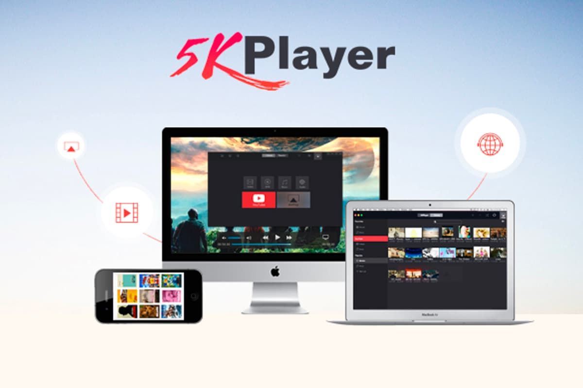 5KPlayer software on laptop, mobile and monitor