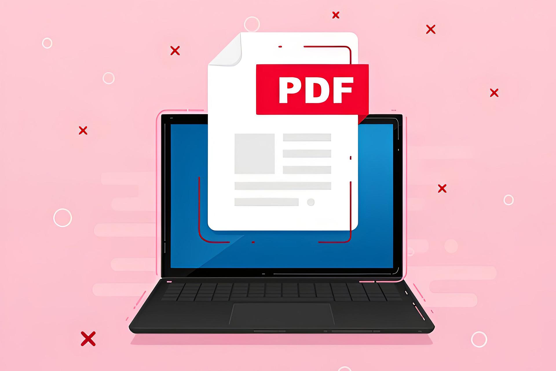 آیکون یک سند PDF روی صفحه‌ی یک لپ تاپ - پس‌زمینه‌ی صورتی 