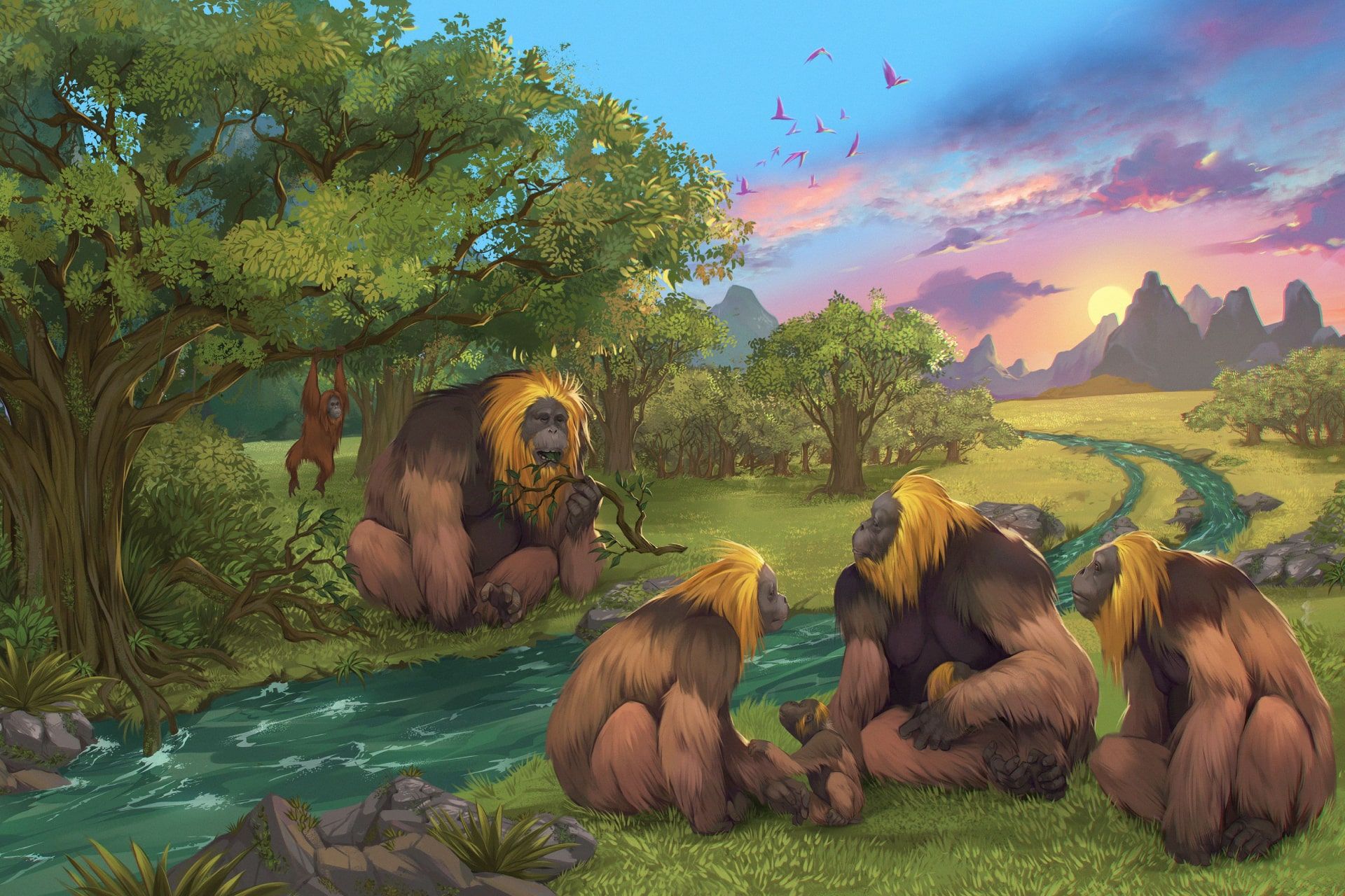 تصویرسازی گروهی از میمون های انسان نما گونه منقرض شده Gigantopithecus blacki در جنگلی در جنوب چین