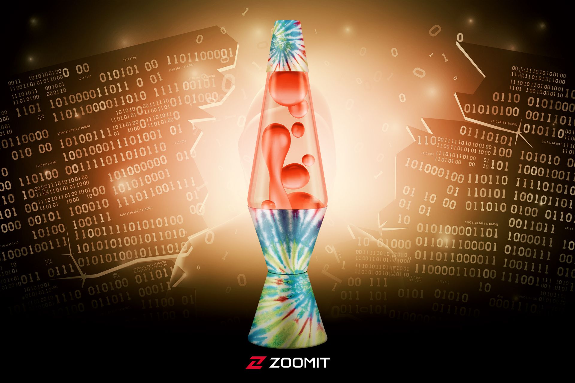 لامپ لاوا با پس‌زمینه‌ای از کدهای باینری