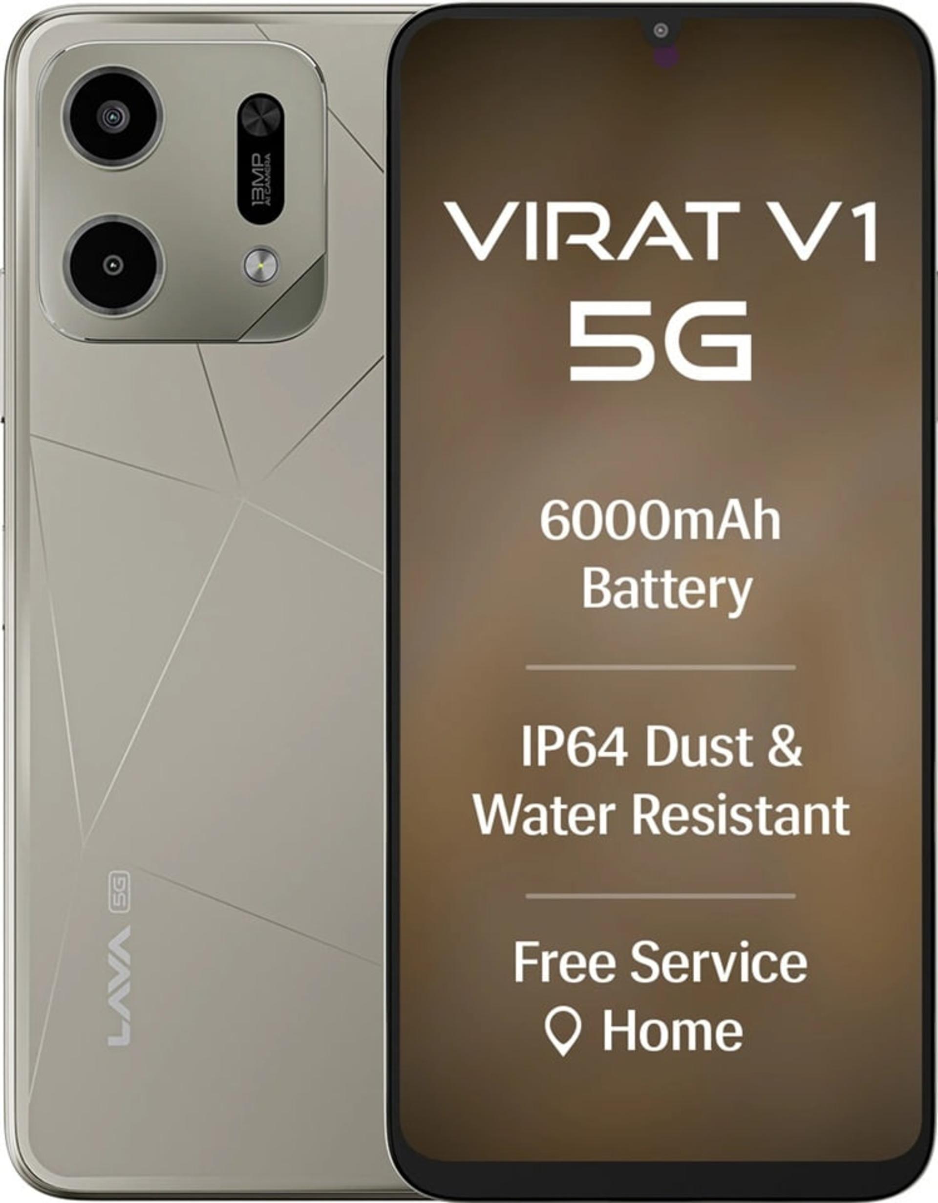 نمای پشت و جلوی گوشی هوشمند لاوا Virat V1 5G با باتری ۶۰۰۰ میلیآمپر ساعت و مقاومت IP64