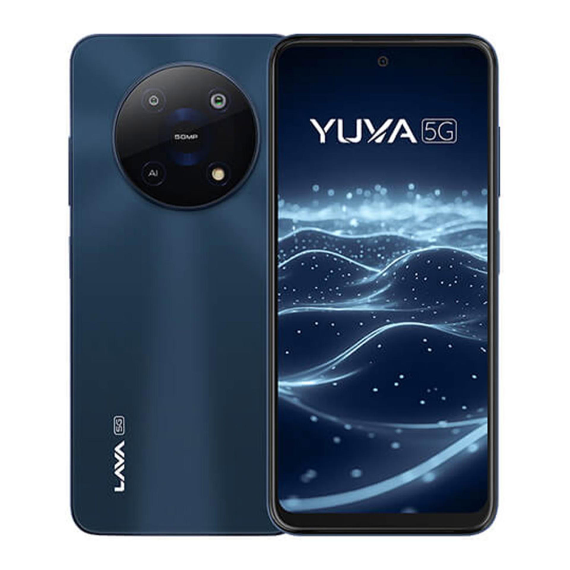 نمای پنل پشتی در کنار نمای پنل جلویی گوشی لاوا مدل Yuva 5G در رنگ آبی
