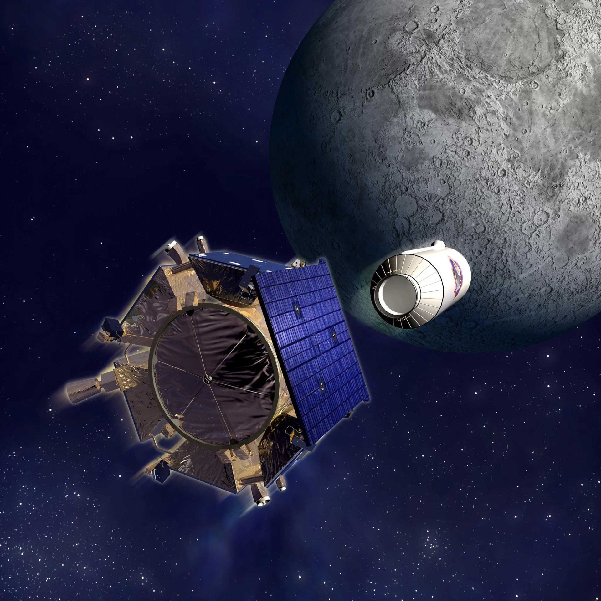 مدارگرد شناسایی ماه درحال شلیک فضاپیمای ال‌کراس به سطح ماه