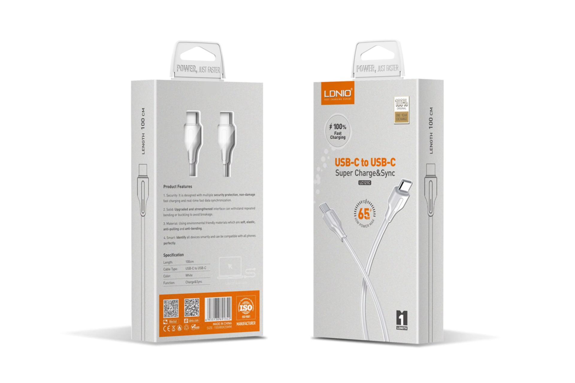 جعبه کابل شارژ USB الدینیو Type-C به Type-C مدل LC121C با طول 1 متر
