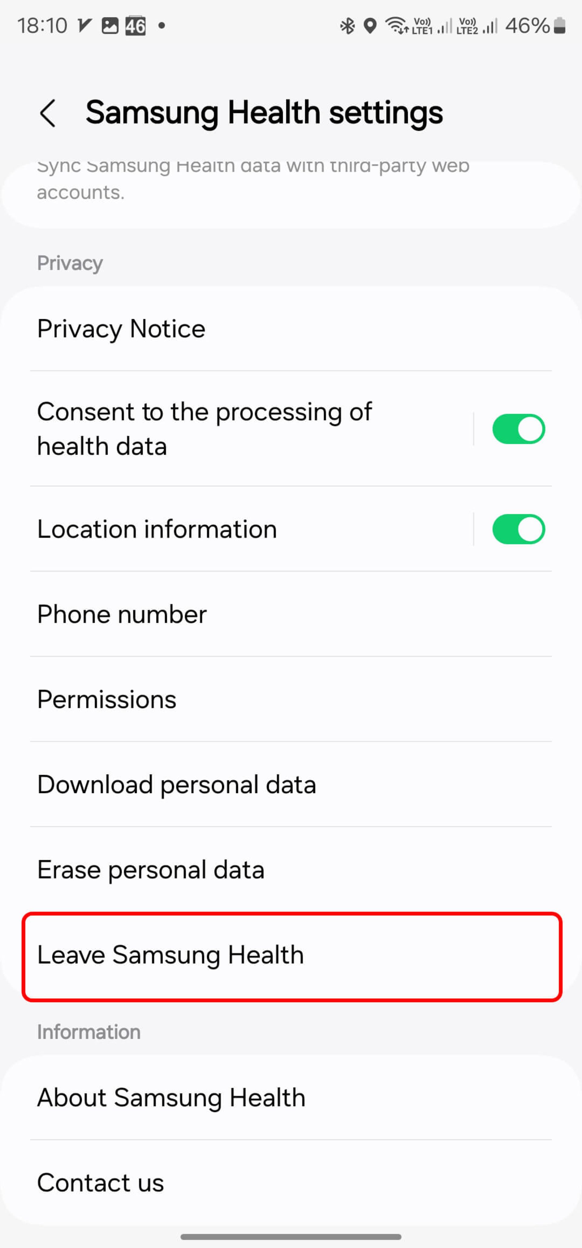 انتخاب گزینه leave samsung health