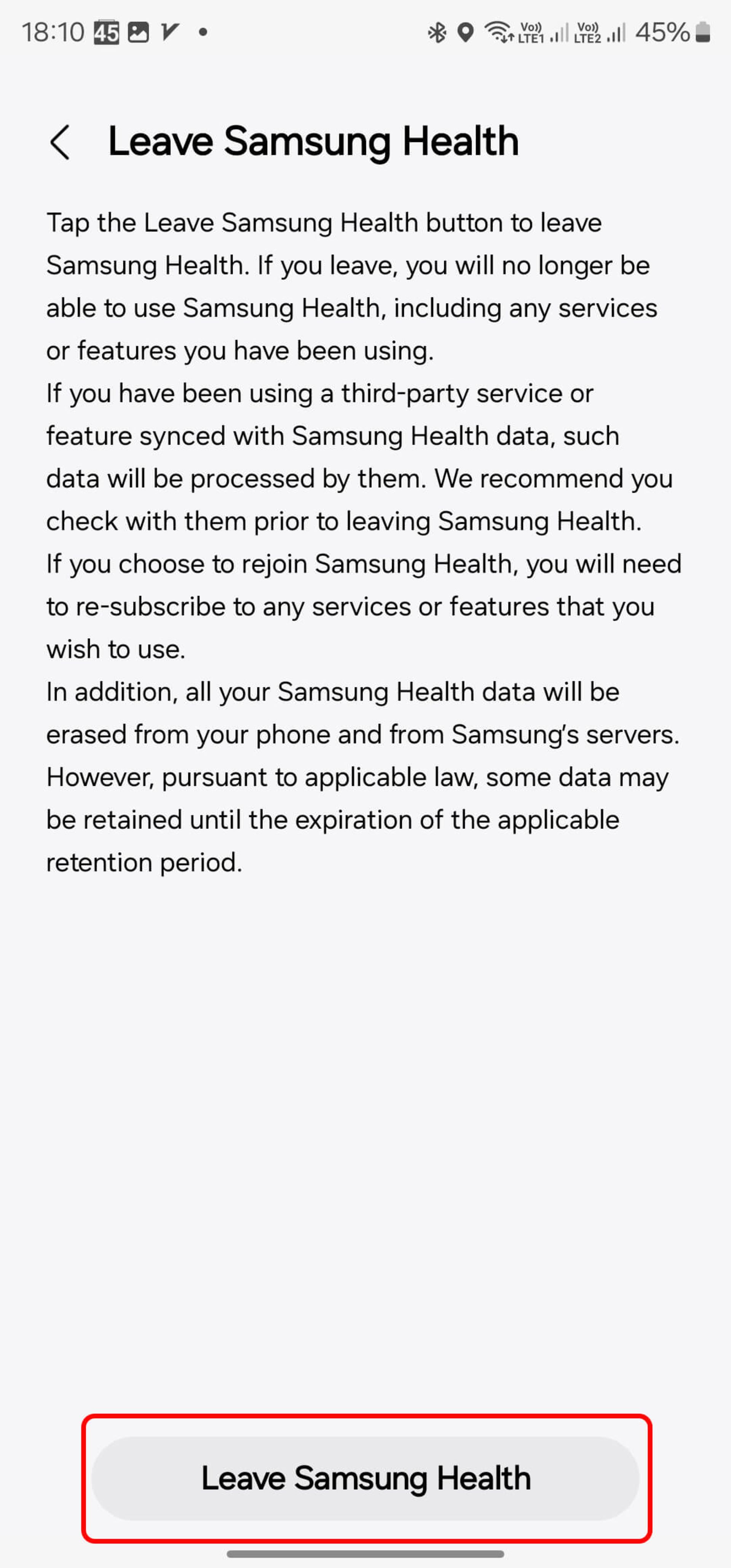 انتخاب دکمه leave samsung health