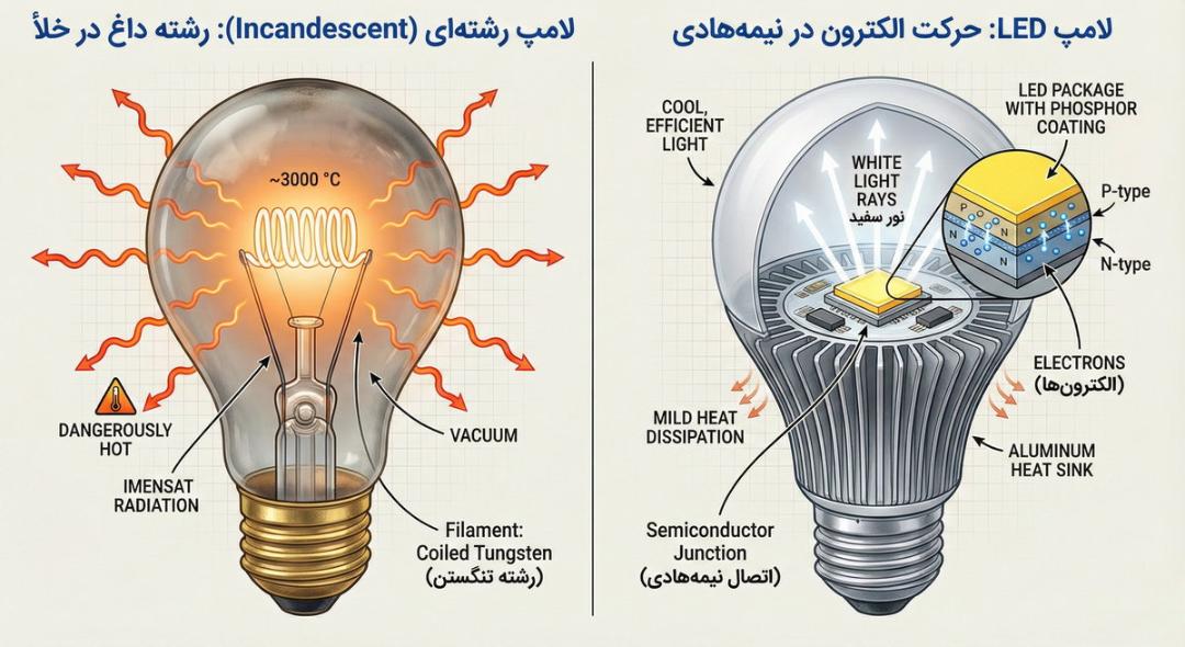 لامپ LED در کنار لامپ قدیمی رشته‌ای