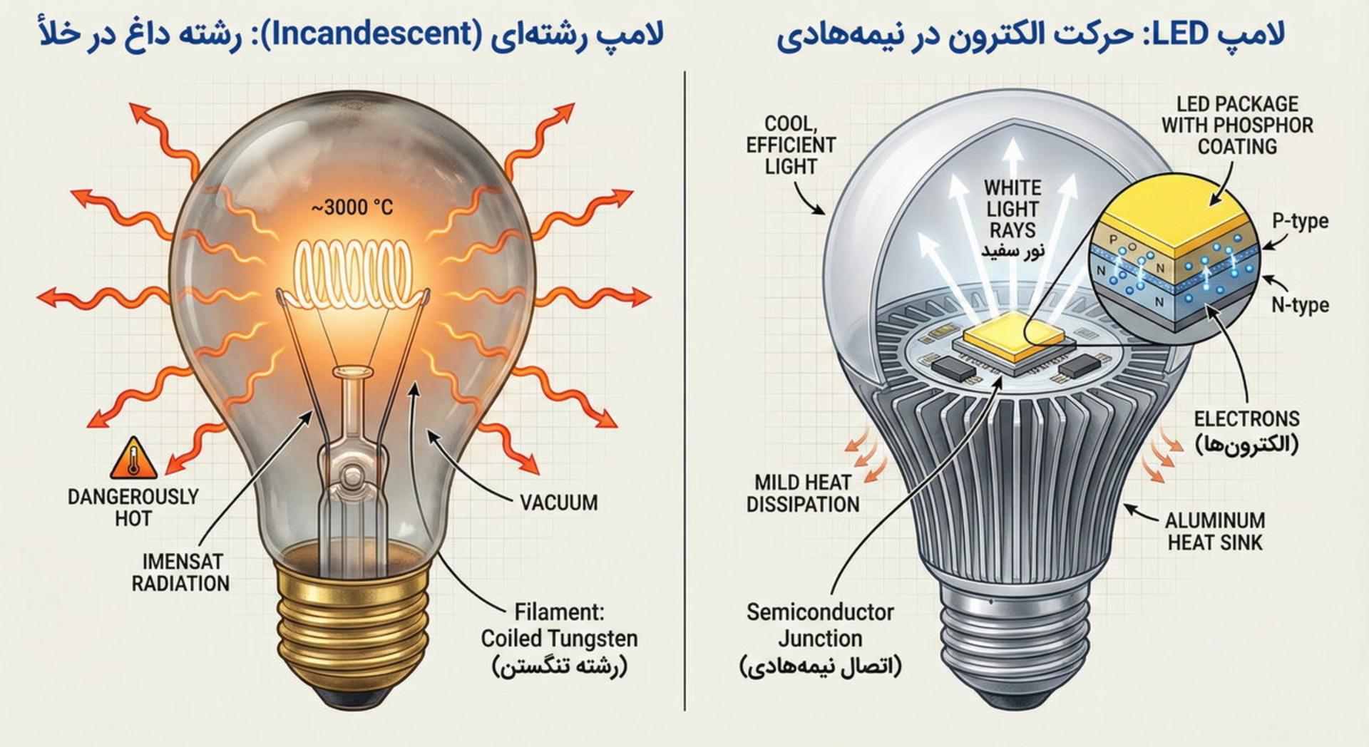 لامپ LED در کنار لامپ قدیمی رشته‌ای