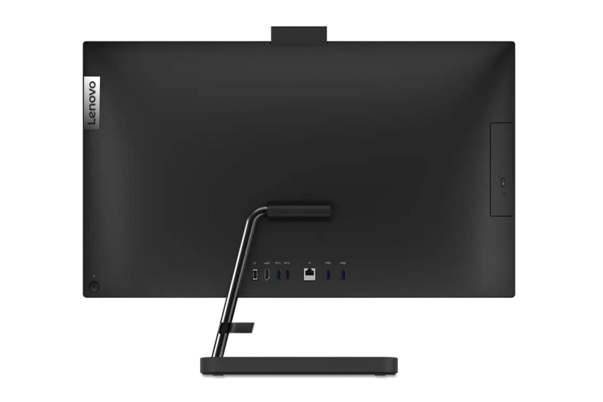 نمای پنل پشت کامپیوتر همه کاره Lenovo IdeaCentre AIO 3 27IAP7 با نمایش پایه، لوگو و درگاه‌ها رنگ مشکی