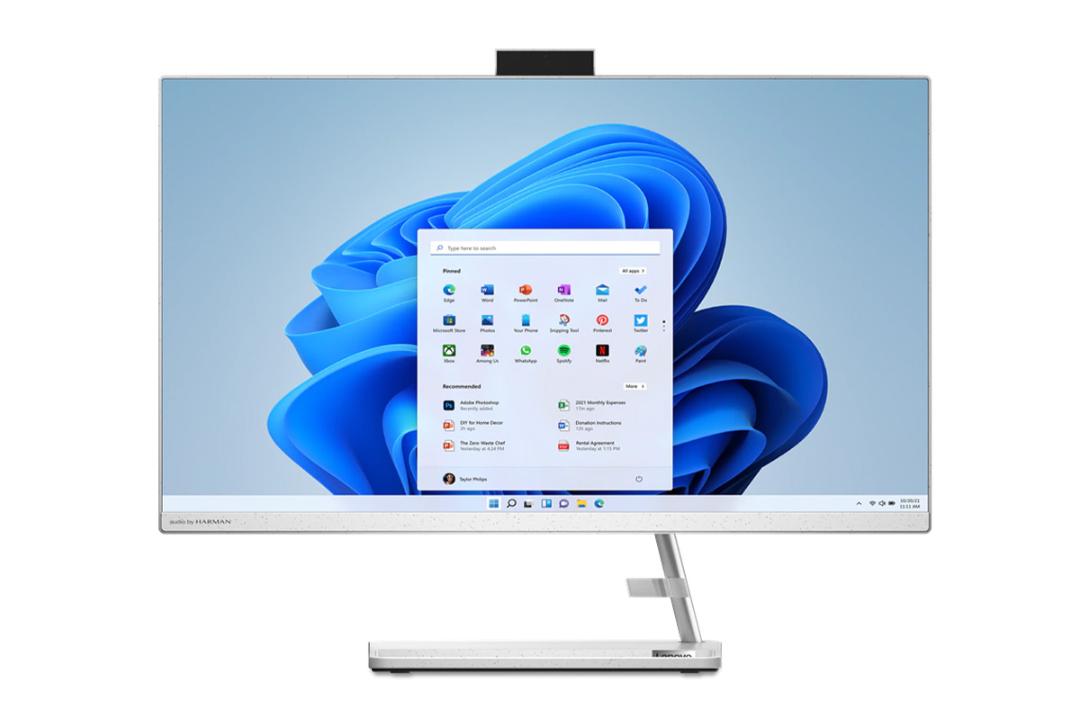 نمای رو به روی کامپیوتر همه کاره Lenovo IdeaCentre AIO 3 27IAP7 با نمایشگر روشن و نمایش وبکم رنگ سفید