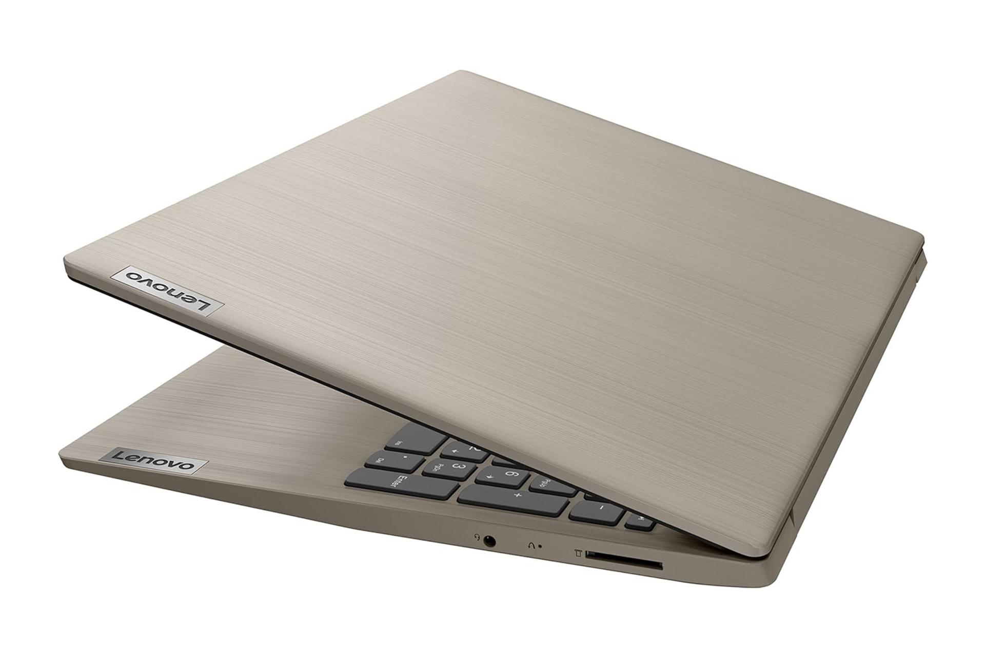 نمای نیمه بسته‌ی لپ تاپ IdeaPad 3 15ITL05 لنوو و نمایش پنل پشت نمایشگر، لوگو و درگاه‌های لبه سمت راست رنگ بادامی