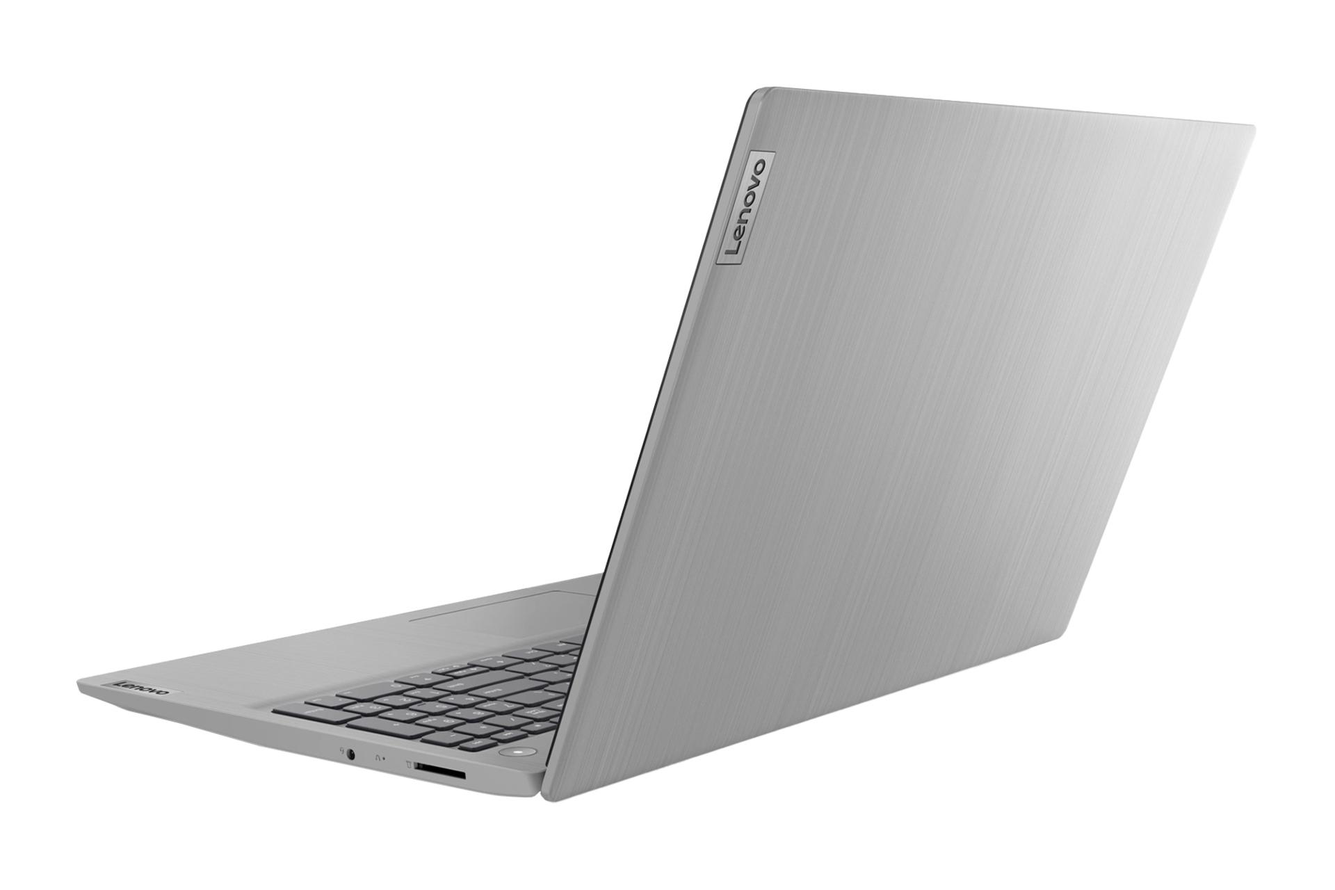 نمای پنل پشت نمایشگر لپ تاپ IdeaPad 3 15ITL05 لنوو و نمایش لوگو و درگاه‌های لبه سمت راست رنگ خاکستری