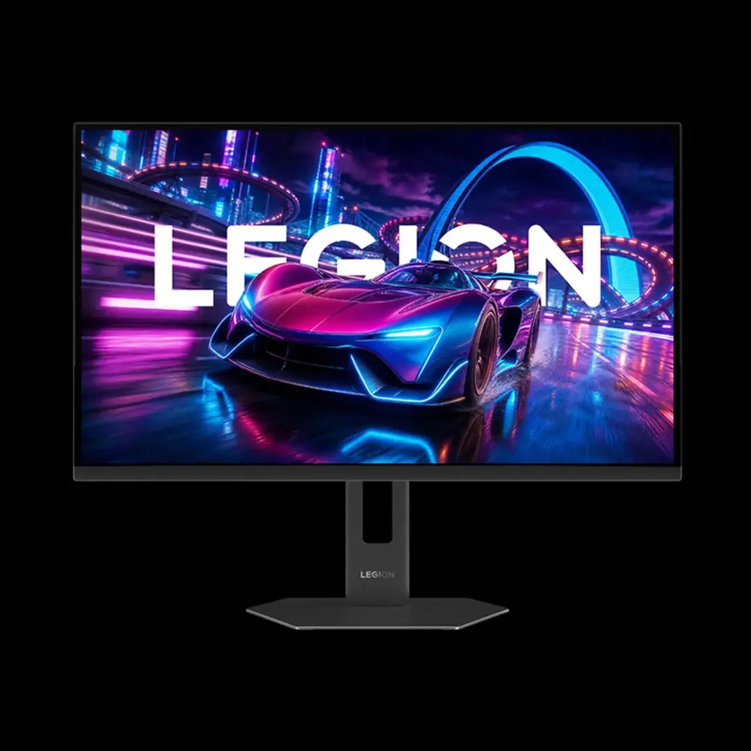نمای جلو مانیتور گیمینگ لنوو Legion 27Q-20) با نمایش تصویر خودروی مسابقه‌ای
