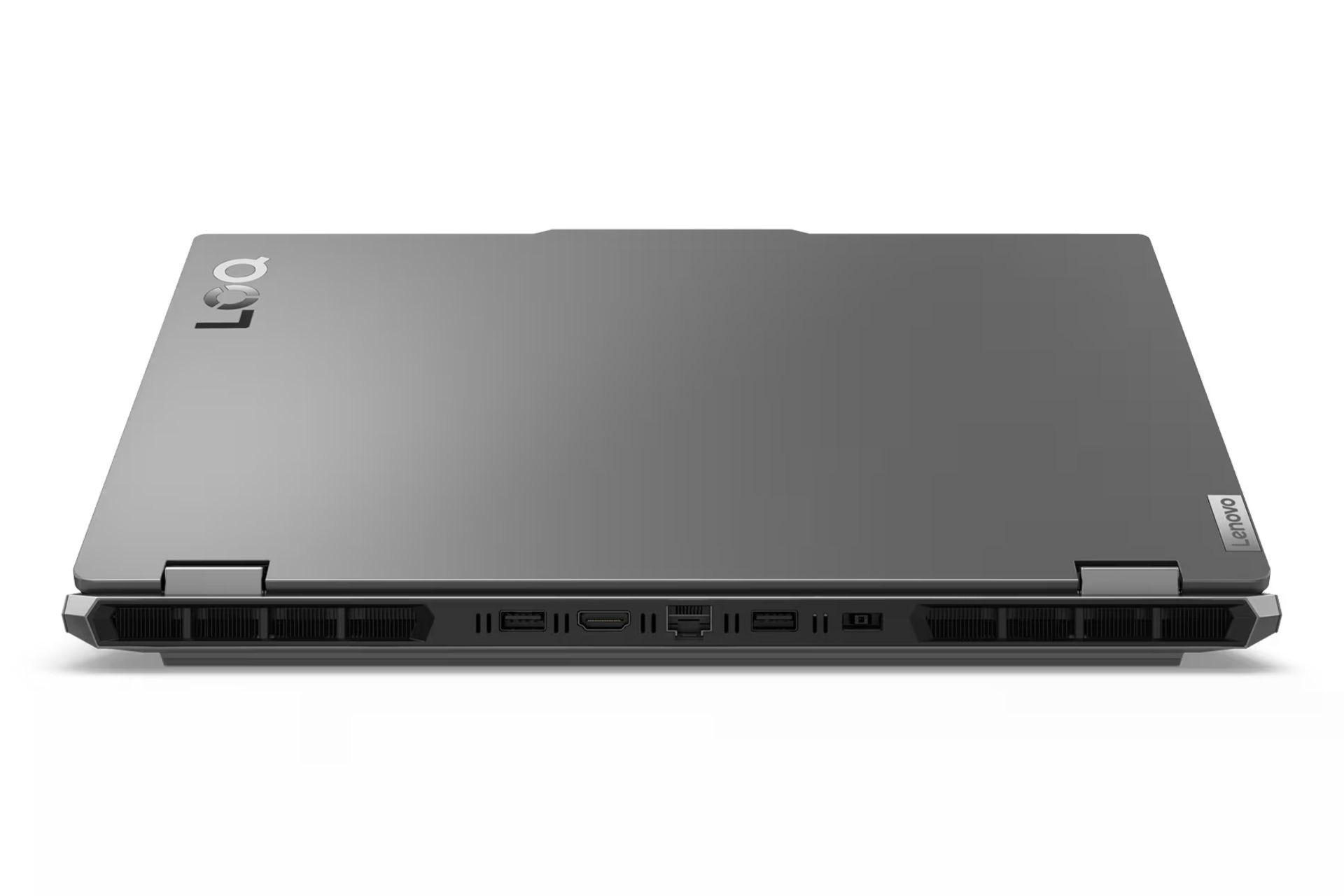 نمای لبه پشت لپ تاپ LOQ 15ARP9 لنوو با نمایش منافذ عبور هوا و درگاه ها