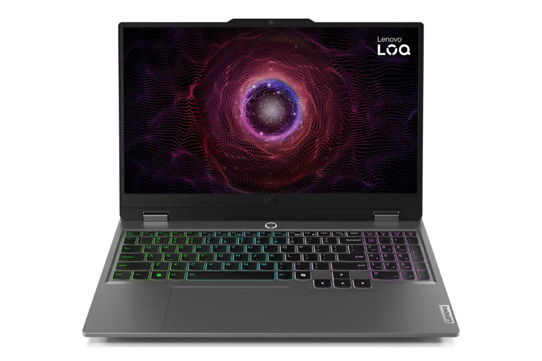 نمای رو به روی لپ تاپ LOQ 15ARP9 لنوو با نمایشگر روشن و نمایش لوگو