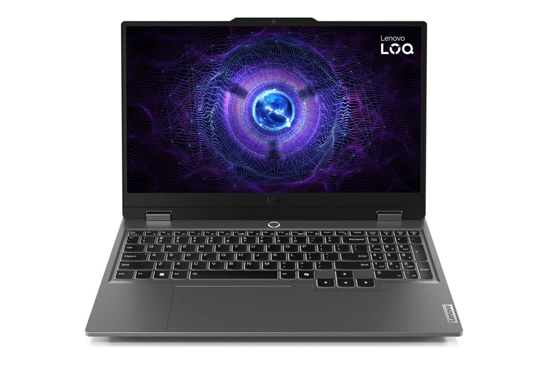 نمای رو به روی لپ تاپ LOQ 15IAX9 لنوو / Lenovo LOQ 15IAX9 با نمایشگر روشن و نمایش لوگو و لبه‌ی جلو