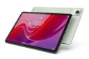 نمای کلی تبلت تب M11 لنوو / Lenovo Tab M11 با صفحه نمایش روشن و نمایش پنل پشت به همراه دوربین تکی، لوگو و لبه‌های بالا و پایین رنگ سبز