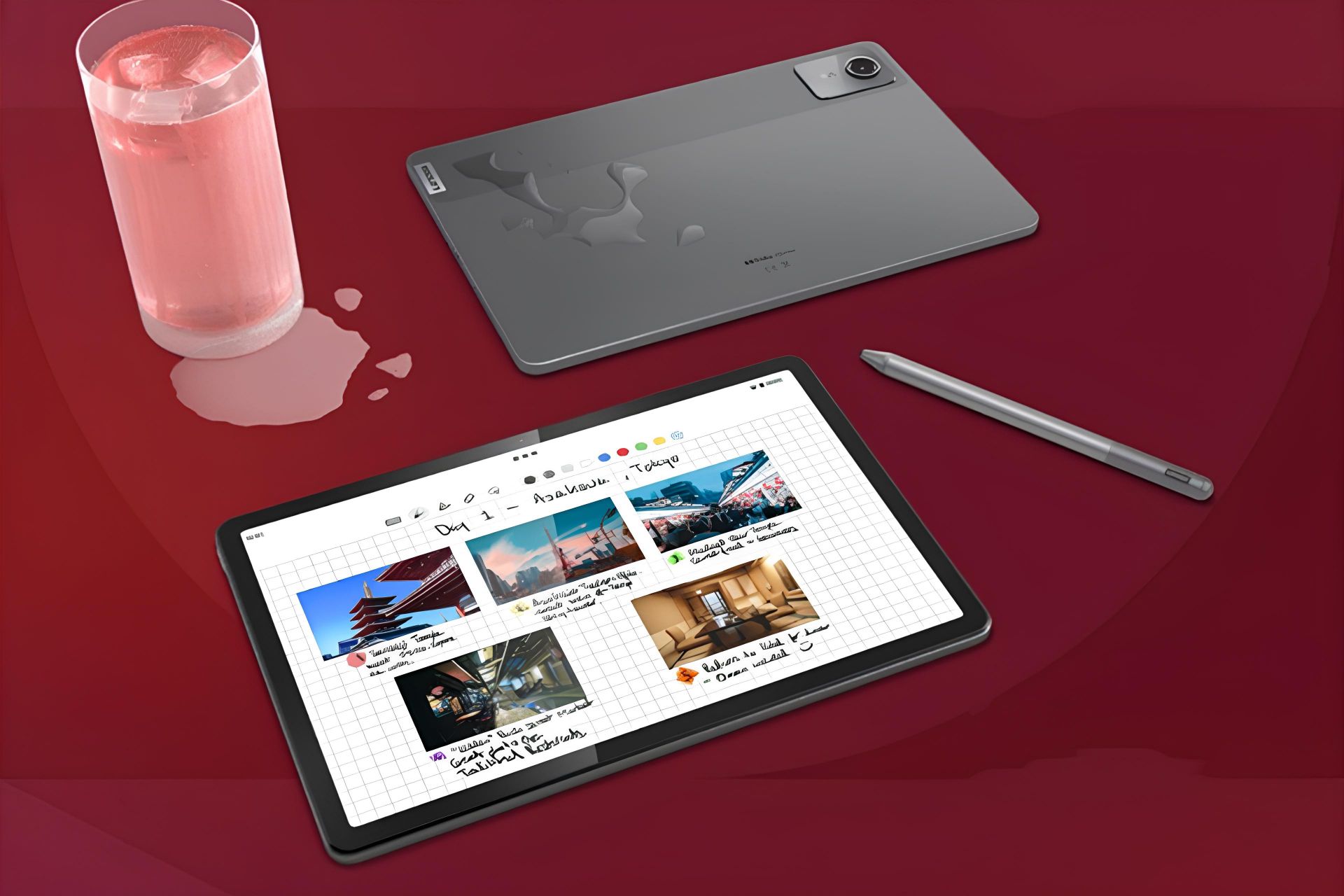 رندر رسمی تبلت لنوو تب M11 از نمای پشت و جلو در کنار یک لیوان و قلم