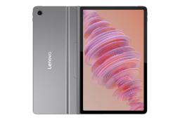 نمای کلی تبلت تب پلاس لنوو / Lenovo Tab Plus با نمایشگر روشن و نمایش لوگو و دوربین پنل پشت