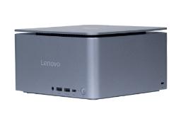 نمای نیمرخ کامپیوتر کوچک ThinkCentre neo Ultra لنوو با نمایش لوگو و درگاه‌های پنل جلو و سمت راست