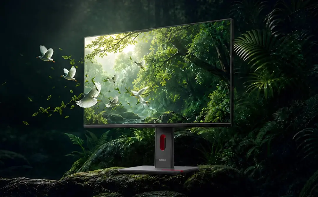 مانیتور لنوو (Lenovo) ThinkVision P27UD-40 با نمایش تصویر جنگل و پرندگان