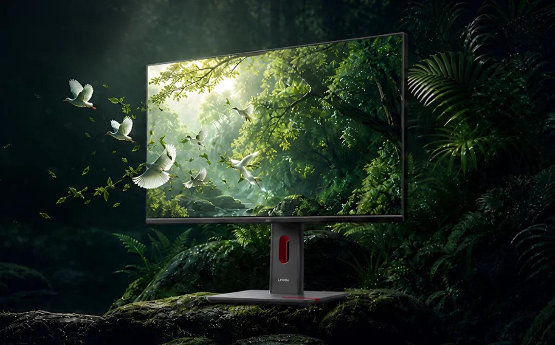 مانیتور لنوو (Lenovo) ThinkVision P27UD-40 با نمایش تصویر جنگل و پرندگان