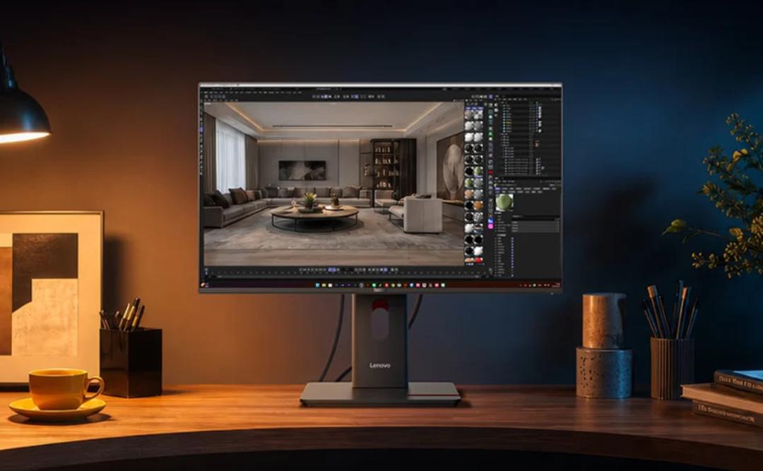 مانیتور لنوو (Lenovo) ThinkVision P27UD-40 با نمایش تصویر طراحی داخلی در محیط کار