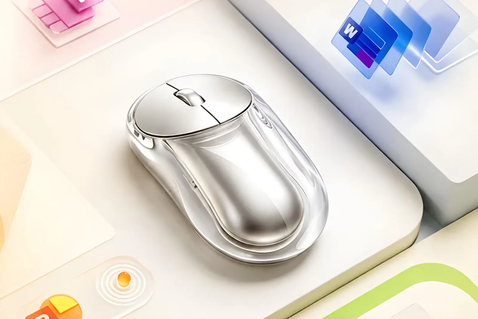 ماوس بی‌سیم شفاف لنوو (Lenovo 900 Transparent Wireless Mouse) روی میز کار