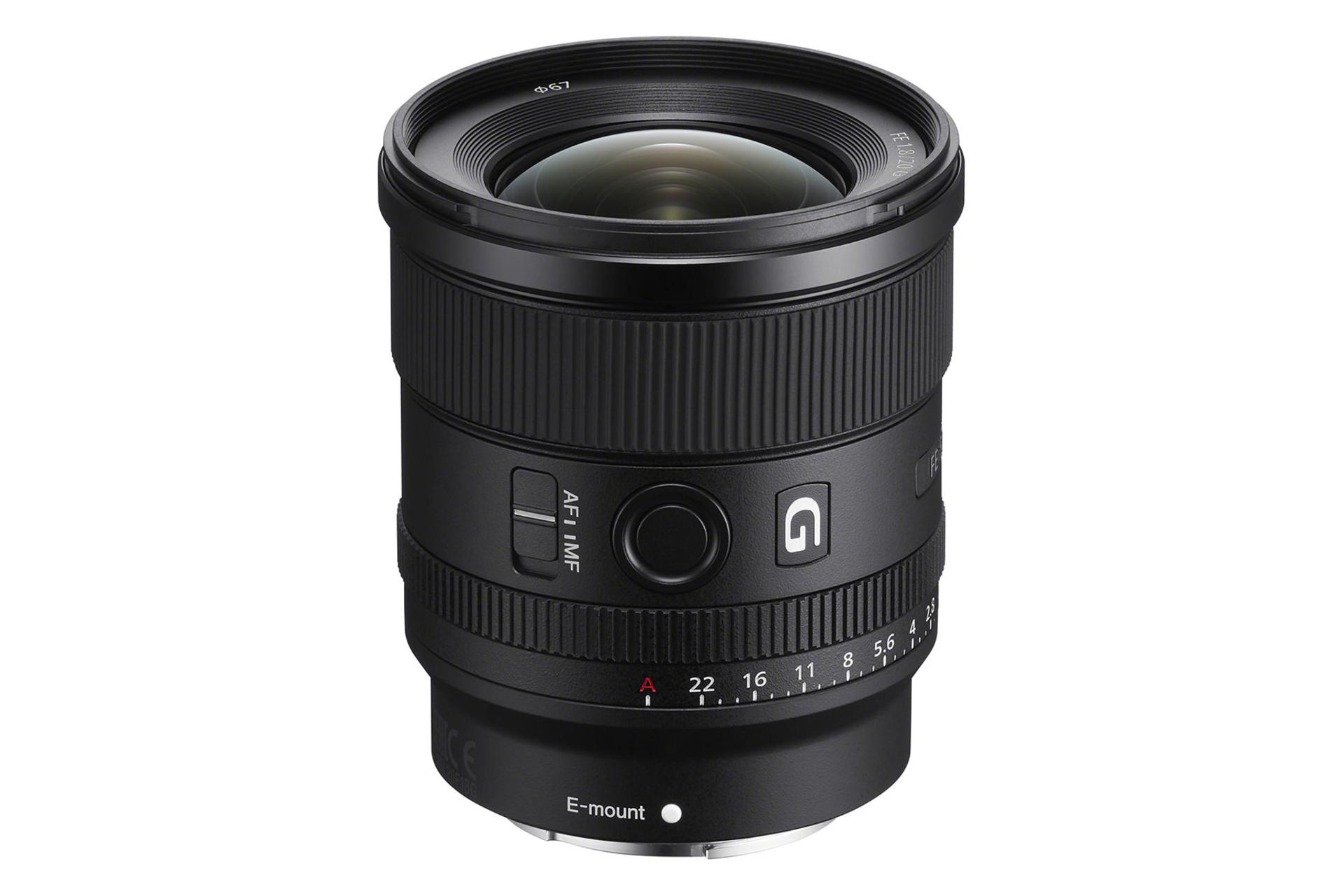 لنز سونی Sony FE 20mm F1.8G نمای بالا و جلو