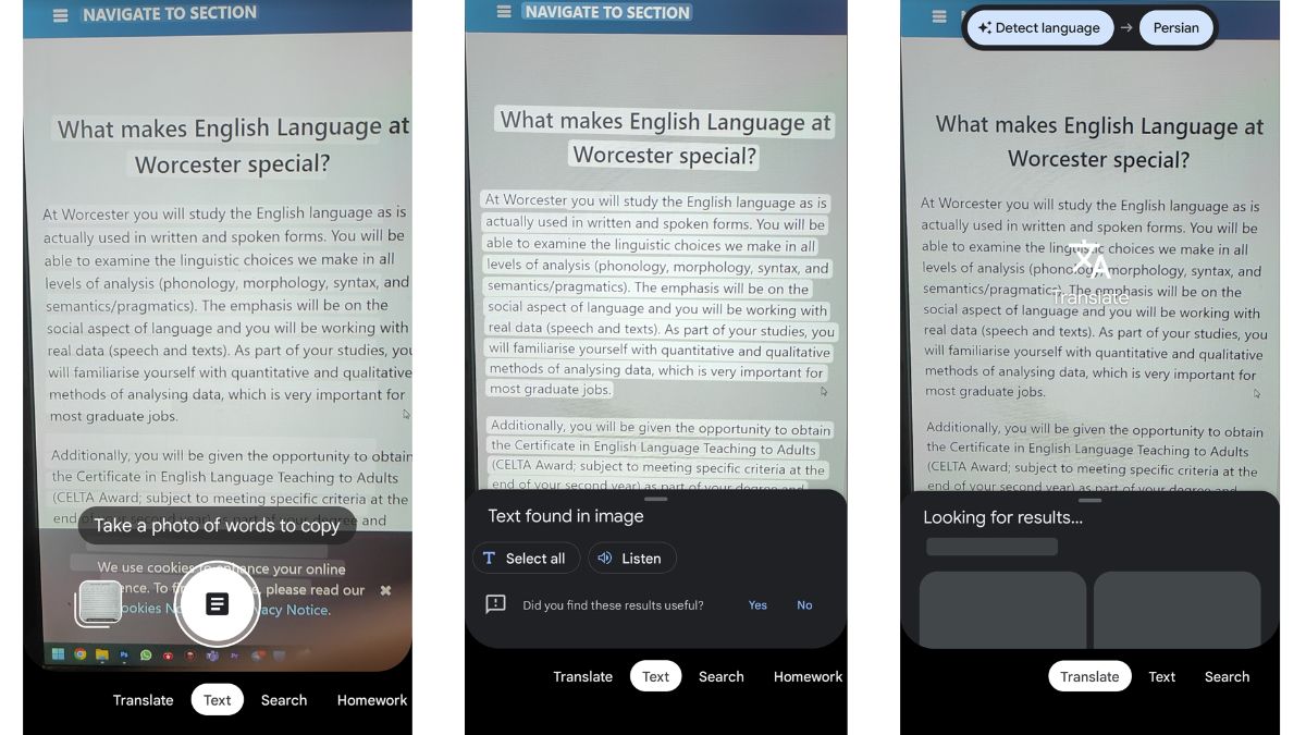مراحل اسکن، کپی و ترجمه متن در گوگل لنز