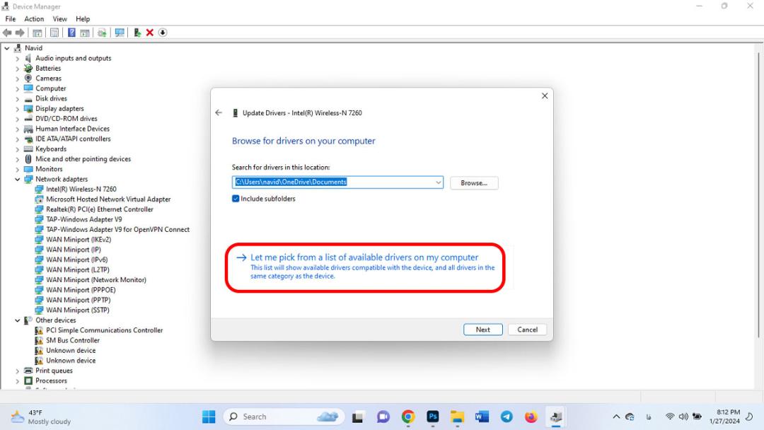 زدن روی Let me pick from a list of drivers available on my computer