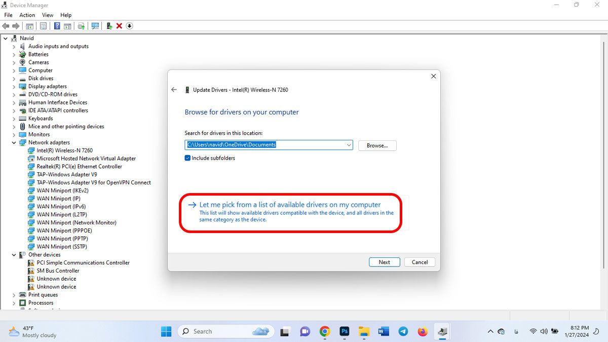 زدن روی let me pick from a list of drivers available on my computer