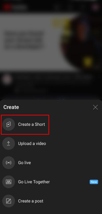 YouTube upload menu with a line drawn around uploading shorts