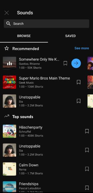 Music selection page for YouTube shorts