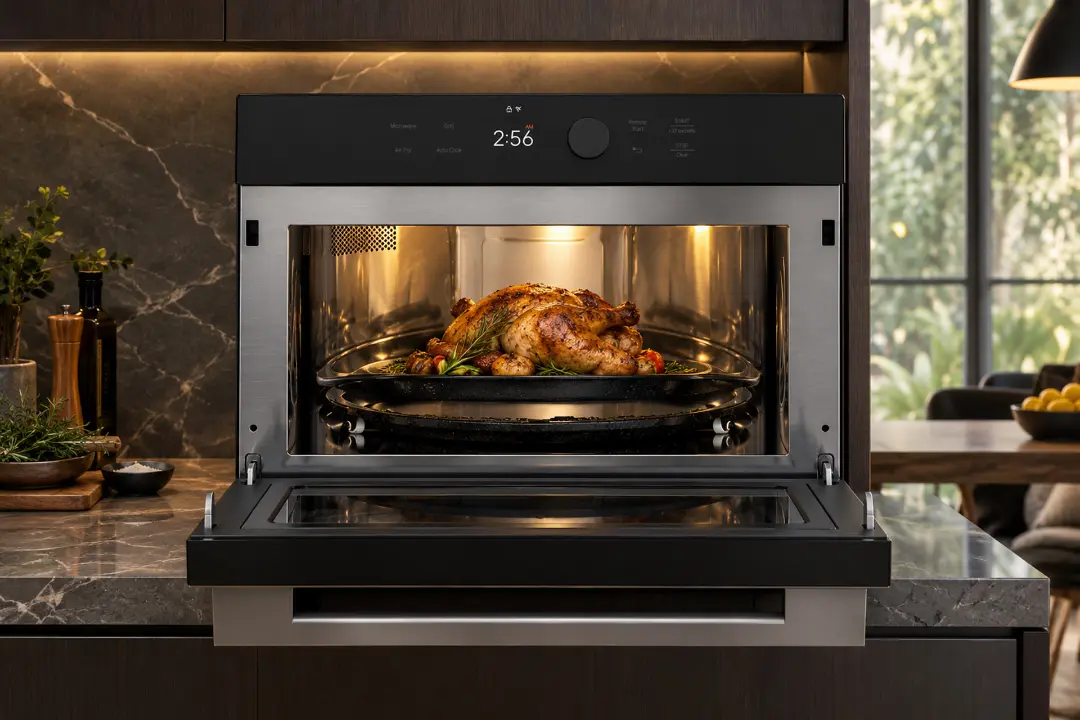 مرغ بریان داخل دستگاه مایکروویو چندکاره LG مدل MA3885SRS SolarDOM